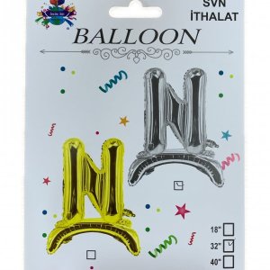 N Harf Ayaklı Gümüş Folyo Balon 80 cm (32 inch)